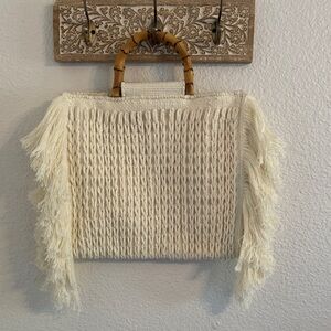 NWT Elegant Cream Woven Handbag with Bamboo Handles